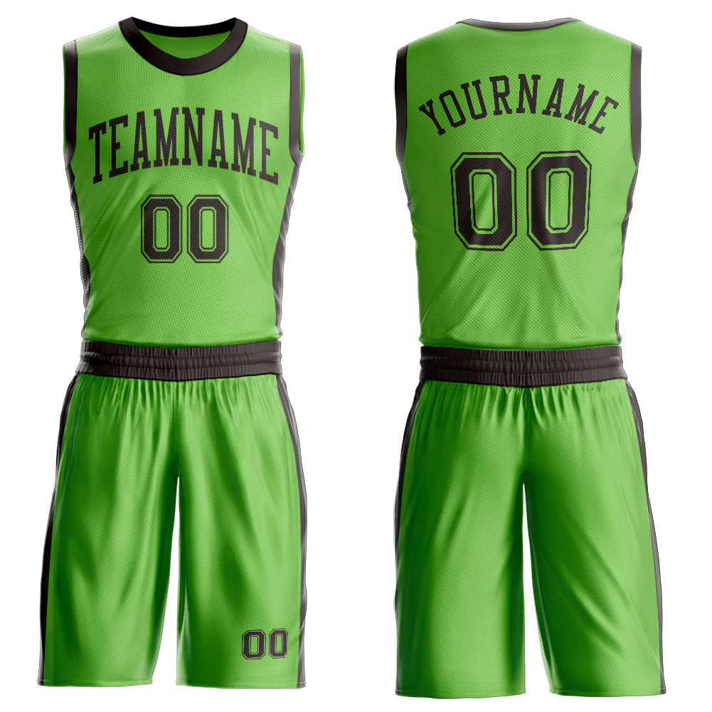 Custom Neon Green Brown Round Neck Basketball Uniform Jersey
