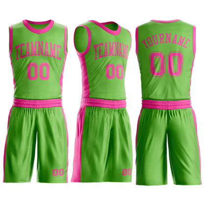 Custom Neon Green Pink Round Neck Basketball Uniform Jersey