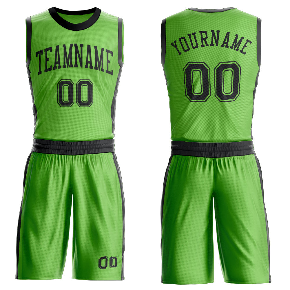 Custom Neon Green Black Round Neck Basketball Uniform Jersey