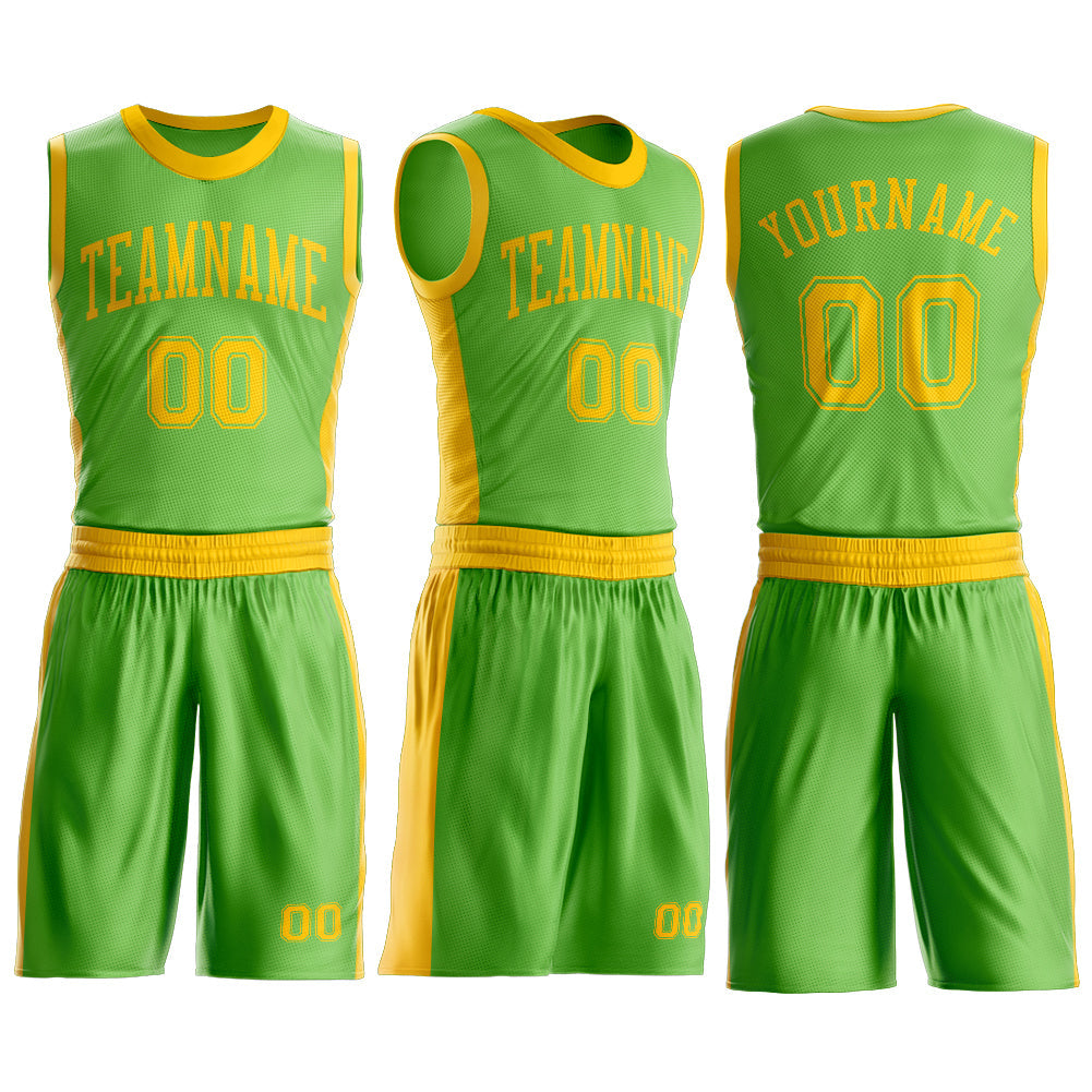 Custom Neon Green Gold Round Neck Basketball Uniform Jersey