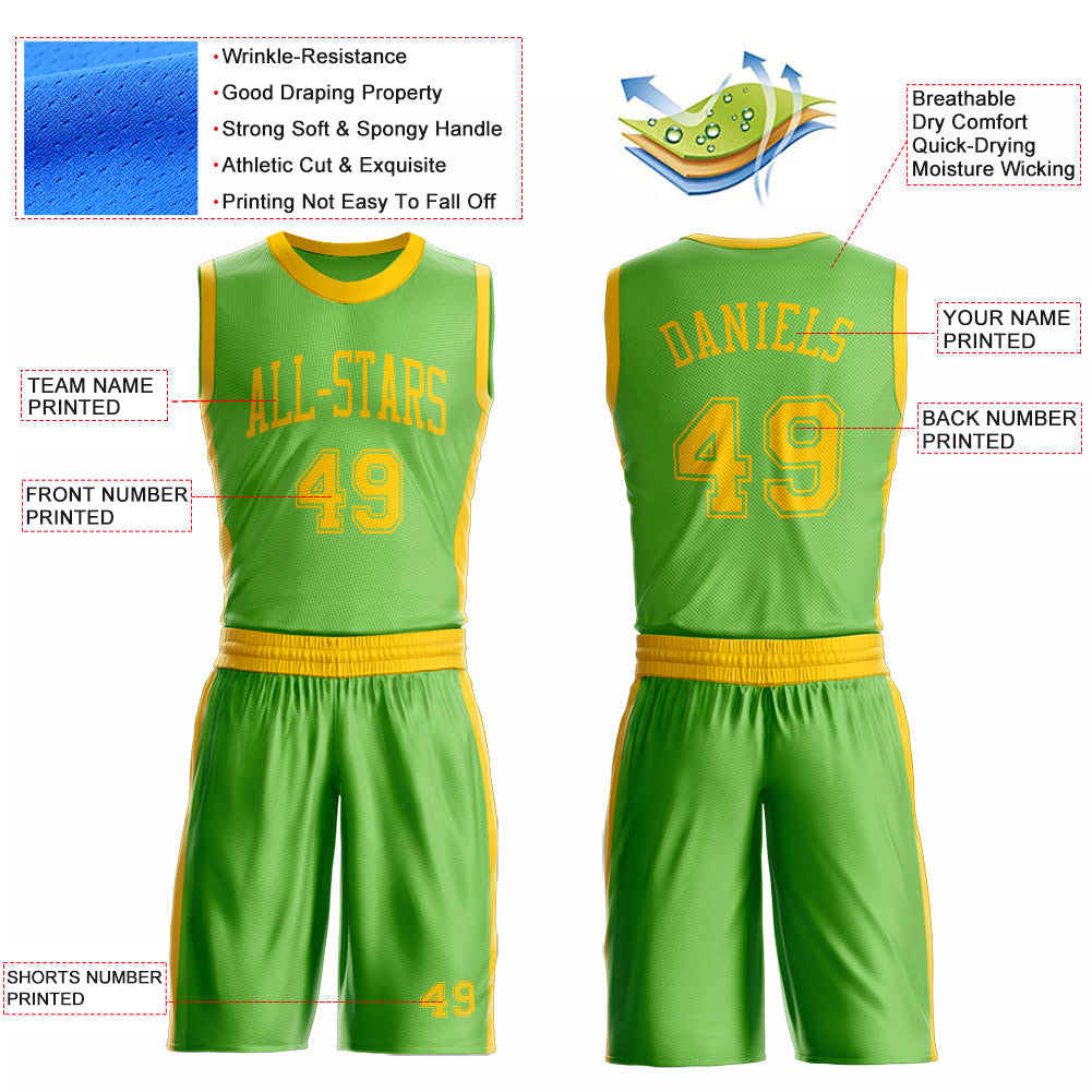 Custom Neon Green Gold Round Neck Basketball Uniform Jersey