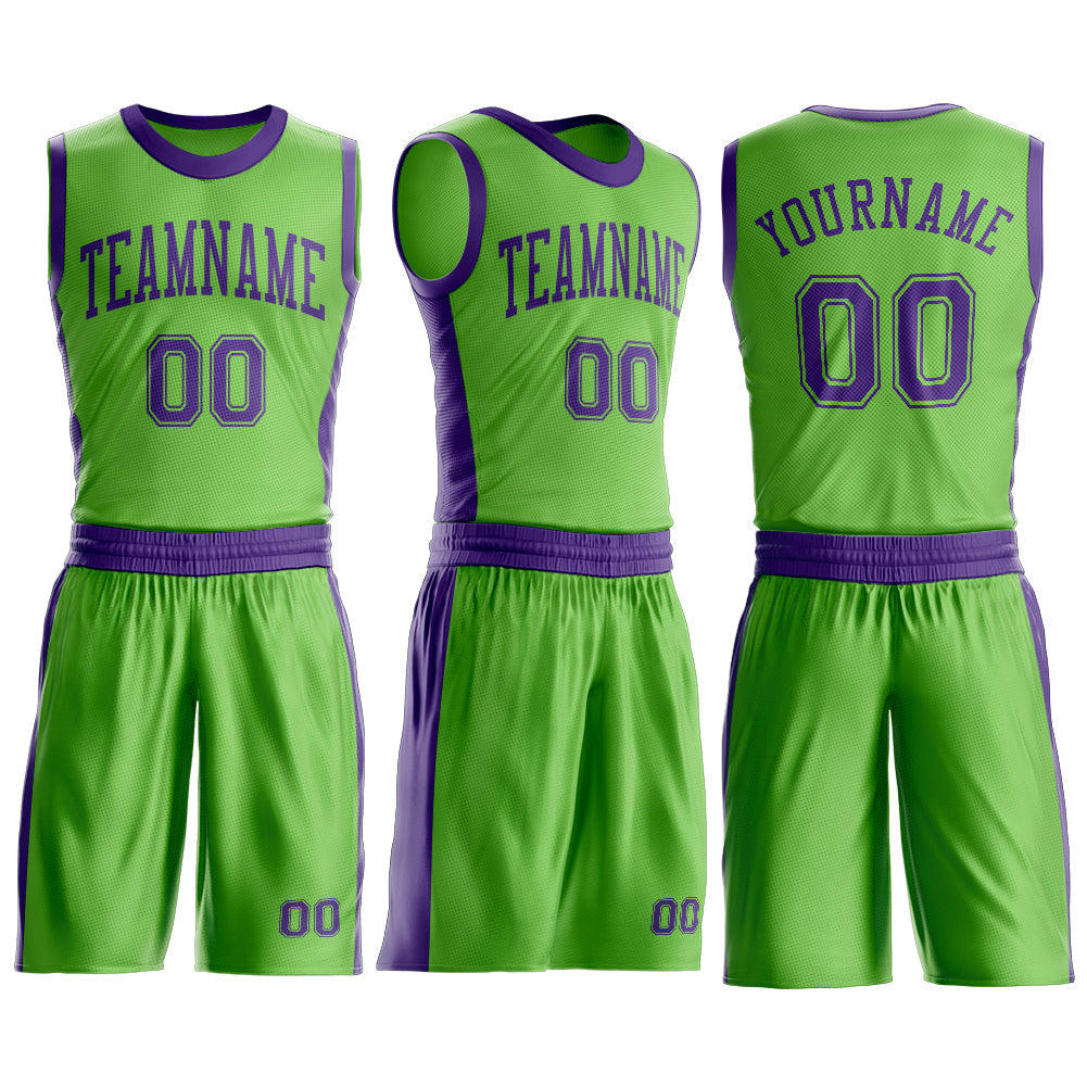 Custom Neon Green Purple Round Neck Basketball Uniform Jersey