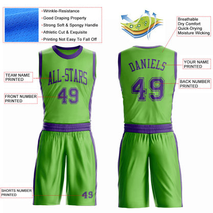 Custom Neon Green Purple Round Neck Basketball Uniform Jersey
