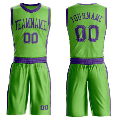 Custom Neon Green Purple Round Neck Basketball Uniform Jersey