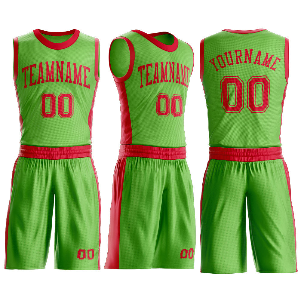 Custom Neon Green Red Round Neck Basketball Uniform Jersey