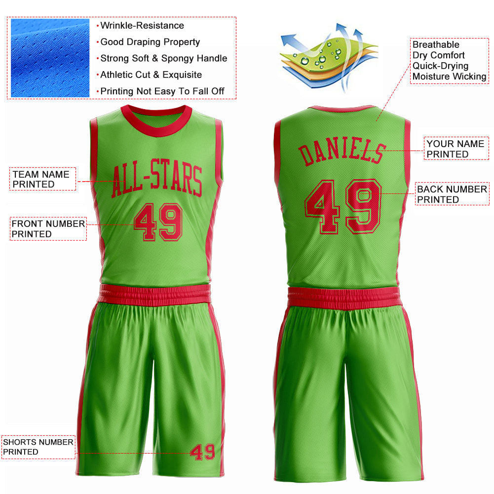 Custom Neon Green Red Round Neck Basketball Uniform Jersey