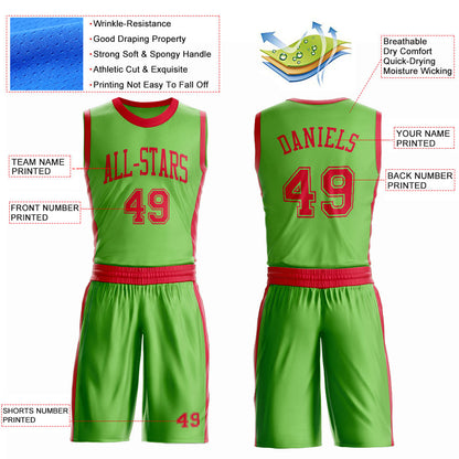 Custom Neon Green Red Round Neck Basketball Uniform Jersey