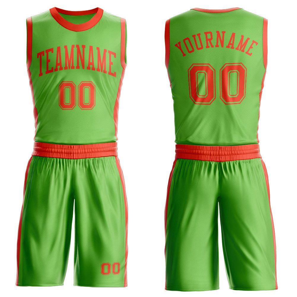 Custom Neon Green Orange Round Neck Basketball Uniform Jersey