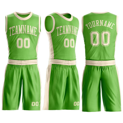 Custom Neon Green Cream Round Neck Basketball Uniform Jersey
