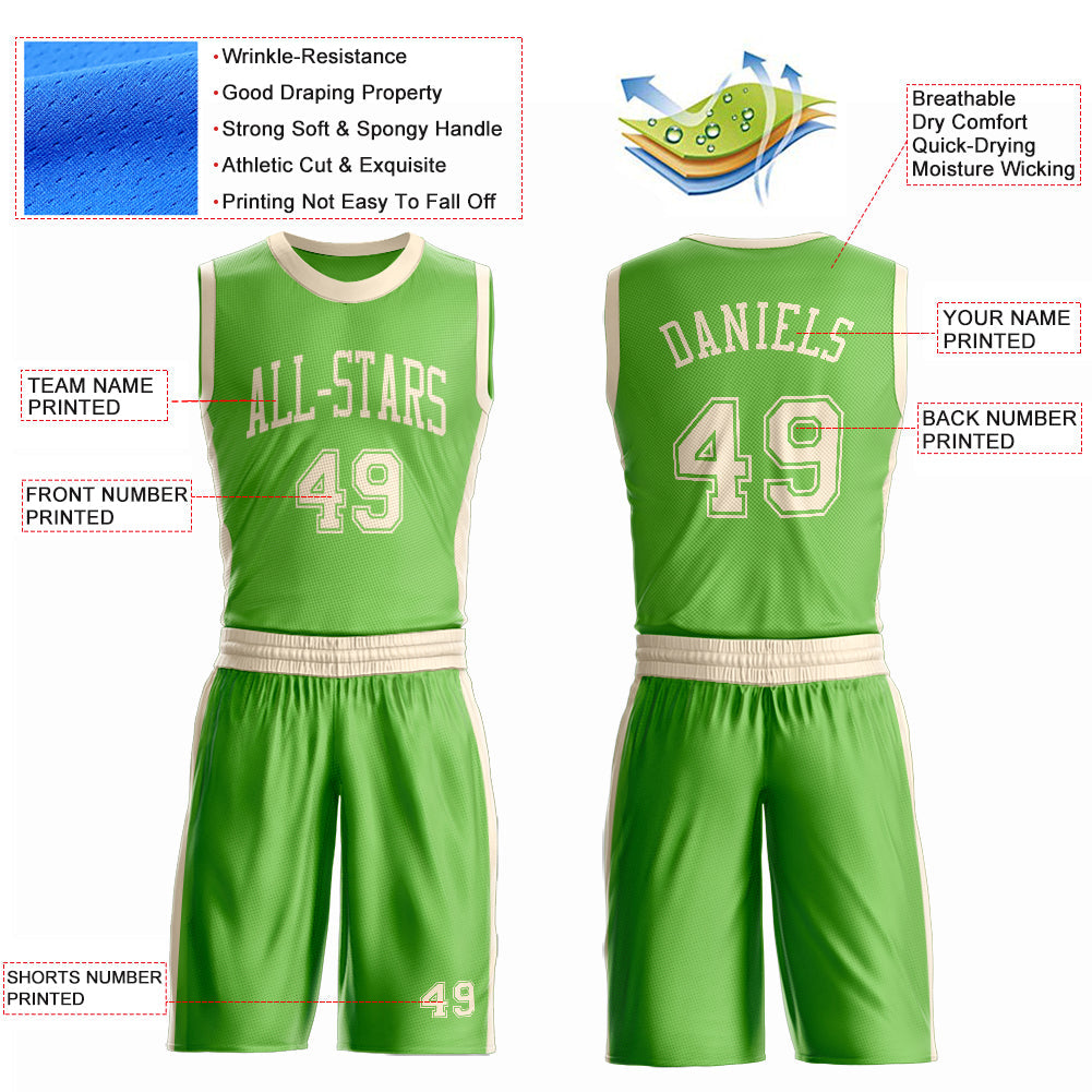 Custom Neon Green Cream Round Neck Basketball Uniform Jersey