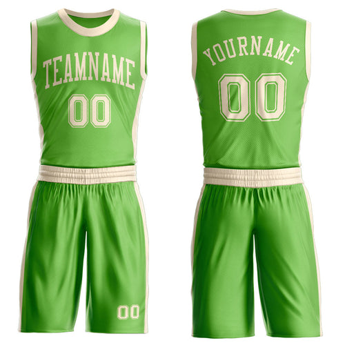 Custom Neon Green Cream Round Neck Basketball Uniform Jersey