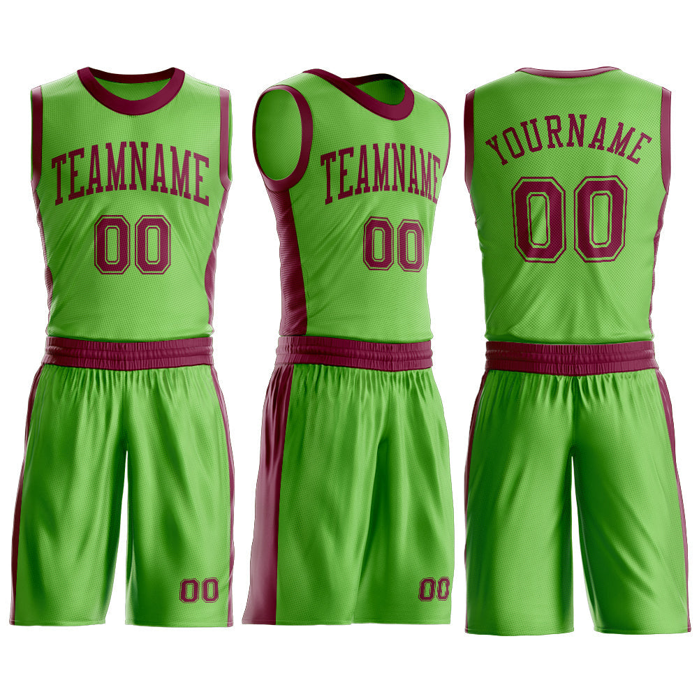 Custom Neon Green Maroon Round Neck Basketball Uniform Jersey