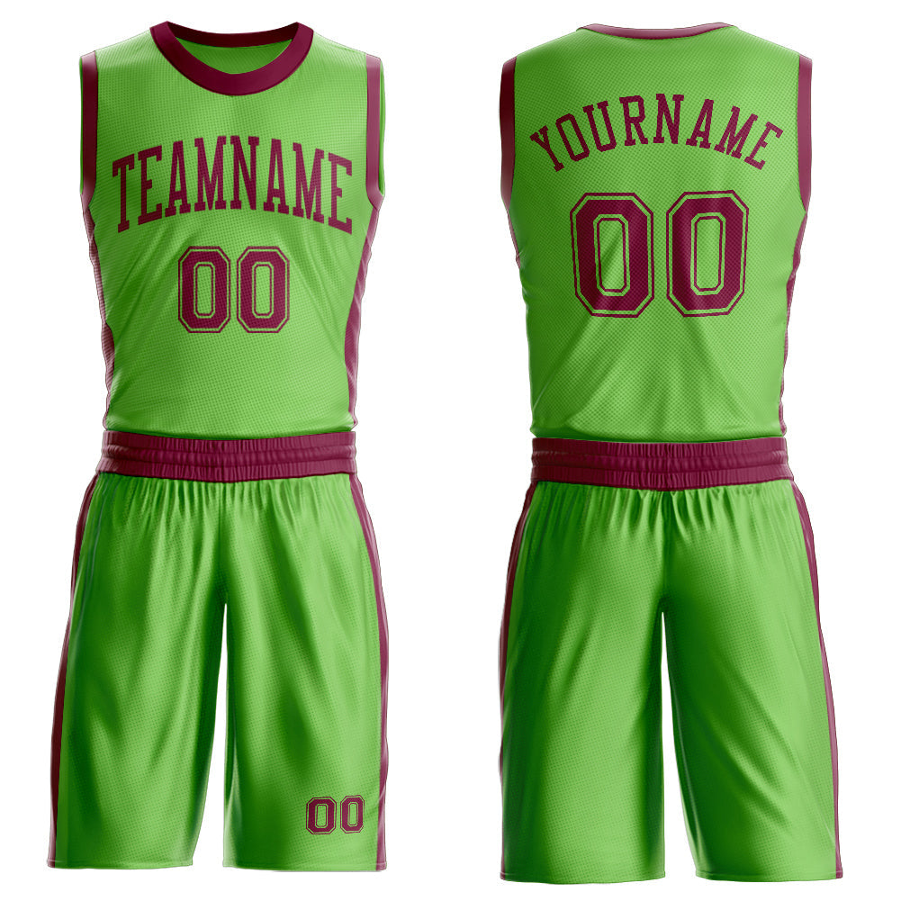 Custom Neon Green Maroon Round Neck Basketball Uniform Jersey