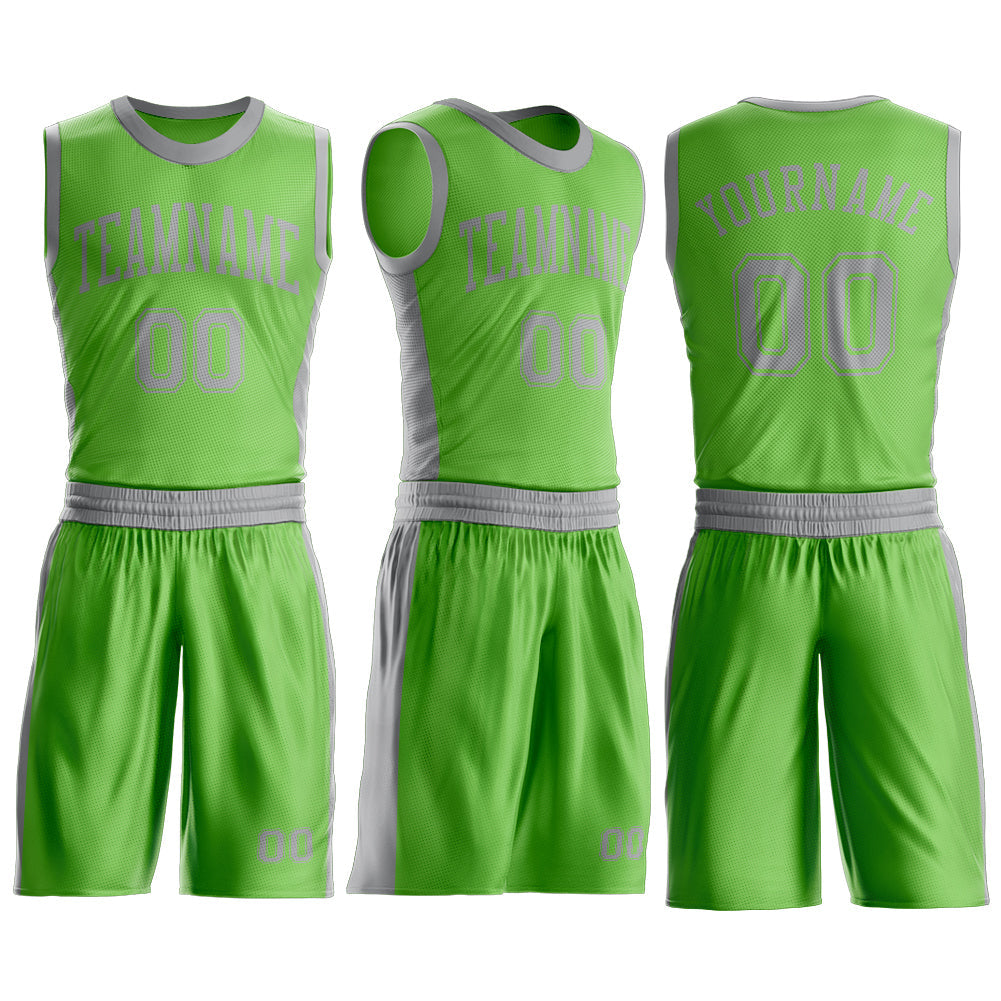 Custom Neon Green Gray Round Neck Basketball Uniform Jersey