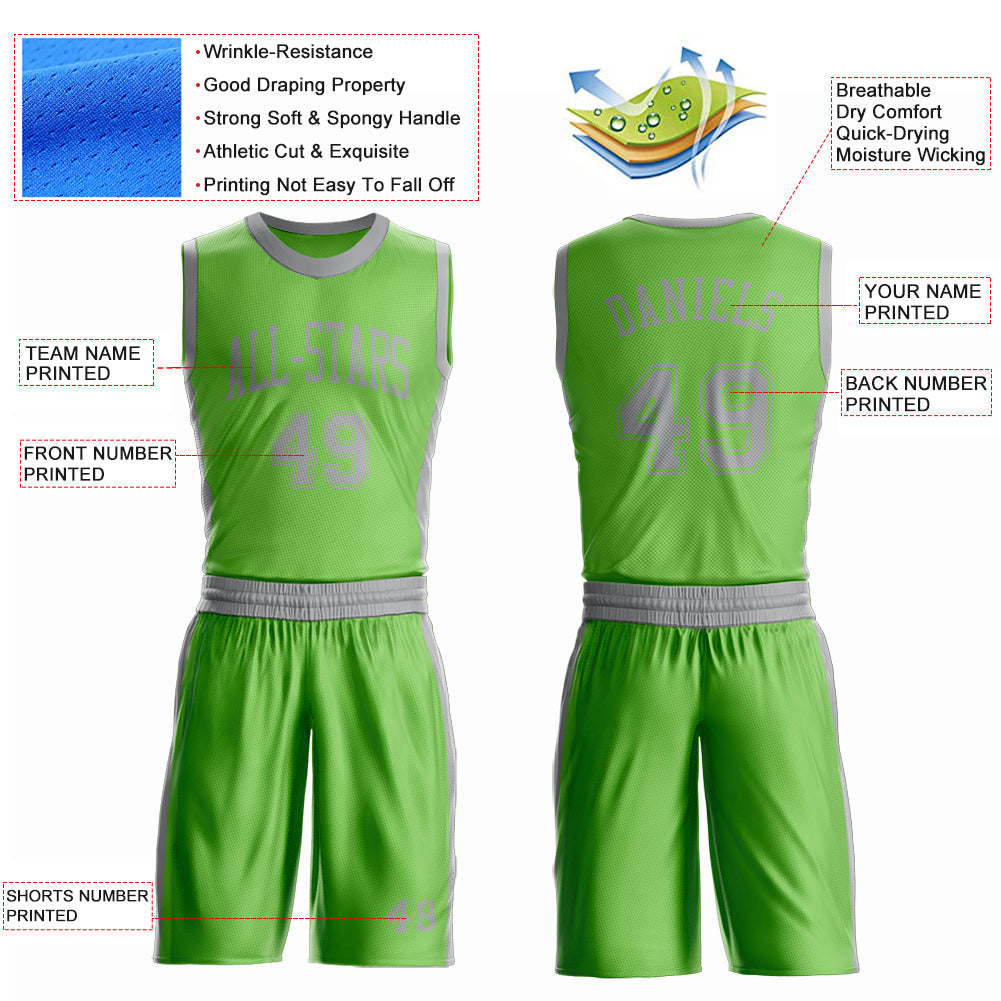 Custom Neon Green Gray Round Neck Basketball Uniform Jersey