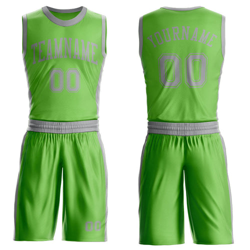 Custom Neon Green Gray Round Neck Basketball Uniform Jersey
