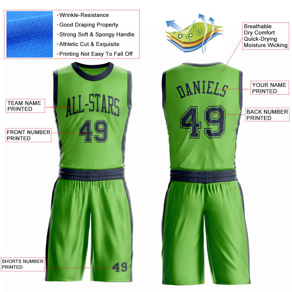 Custom Neon Green Navy Round Neck Basketball Uniform Jersey