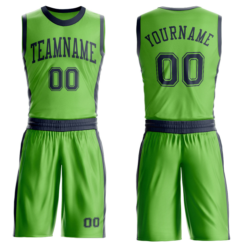 Custom Neon Green Navy Round Neck Basketball Uniform Jersey