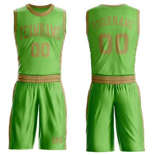 Custom Neon Green Old Gold Round Neck Basketball Uniform Jersey