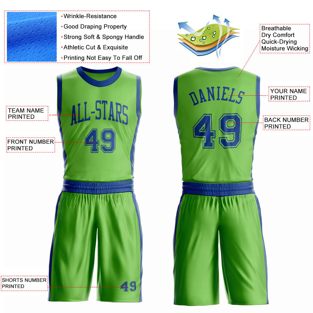 Custom Neon Green Royal Round Neck Basketball Uniform Jersey