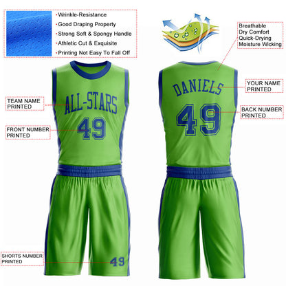 Custom Neon Green Royal Round Neck Basketball Uniform Jersey