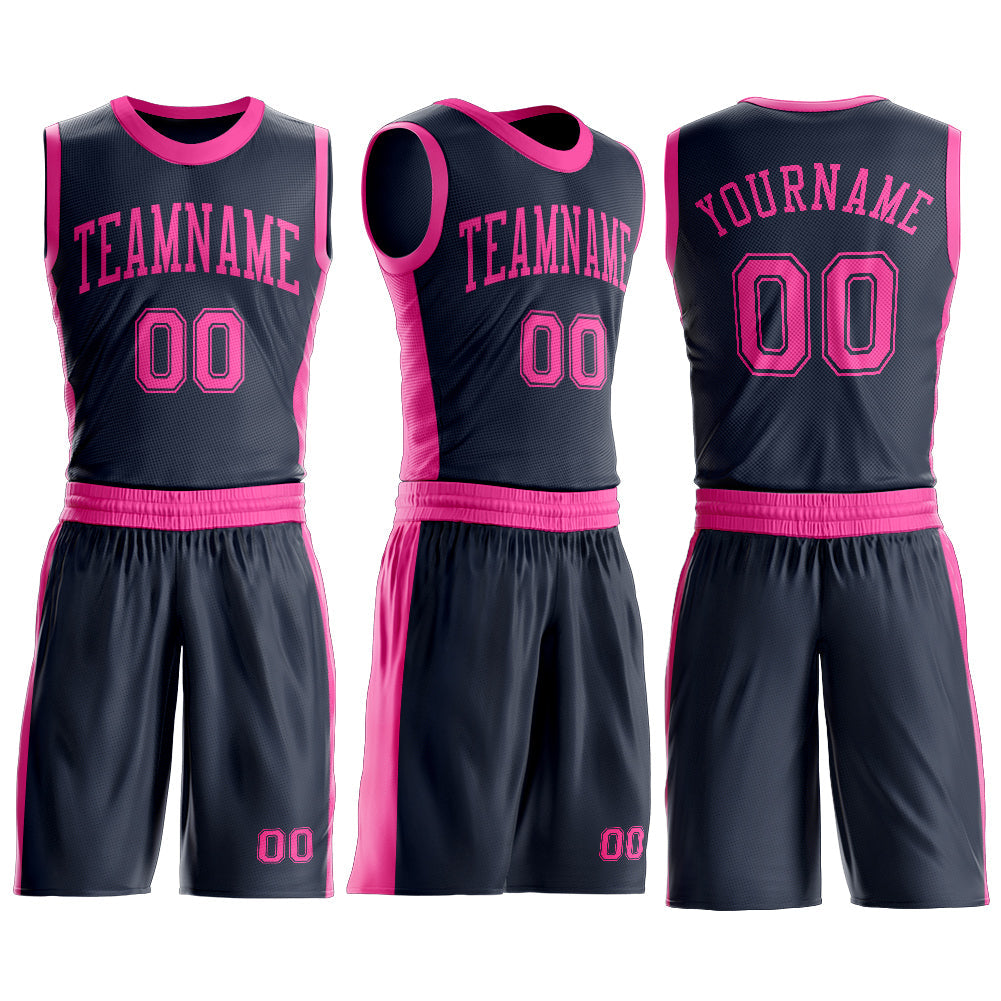 Custom Navy Pink Round Neck Basketball Uniform Jersey