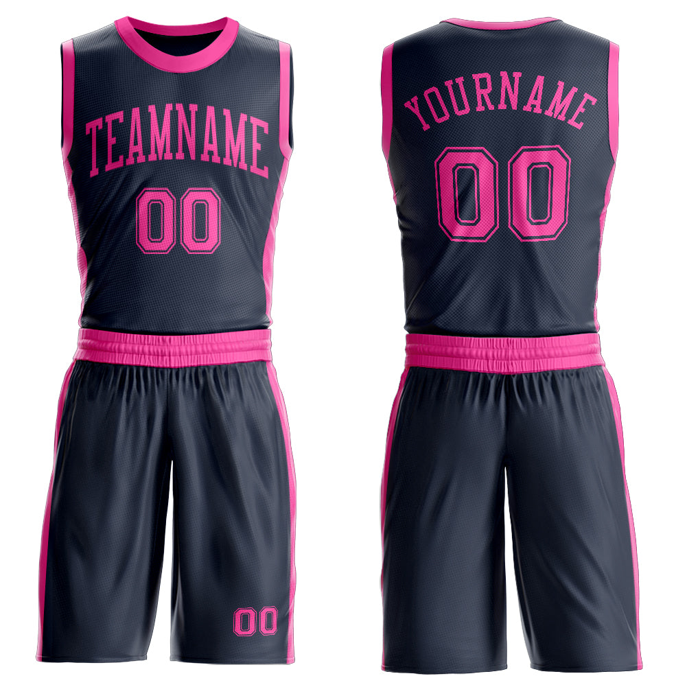 Custom Navy Pink Round Neck Basketball Uniform Jersey