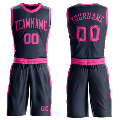 Custom Navy Pink Round Neck Basketball Uniform Jersey