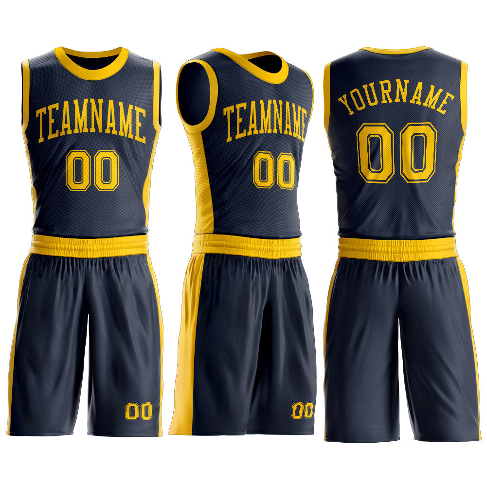Custom Navy Gold Round Neck Basketball Uniform Jersey