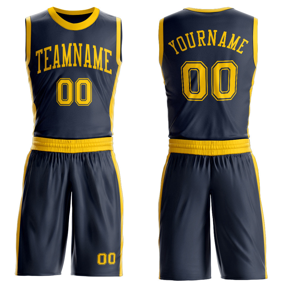 Custom Navy Gold Round Neck Basketball Uniform Jersey