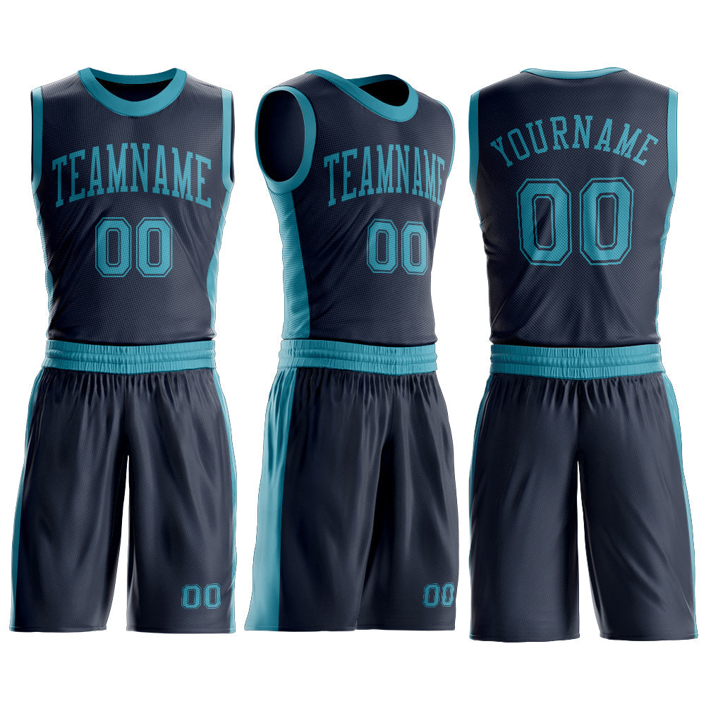 Custom Navy Teal Round Neck Basketball Uniform Jersey
