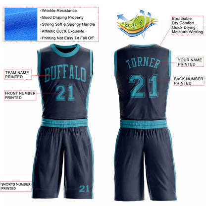 Custom Navy Teal Round Neck Basketball Uniform Jersey