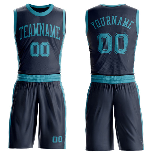 Custom Navy Teal Round Neck Basketball Uniform Jersey