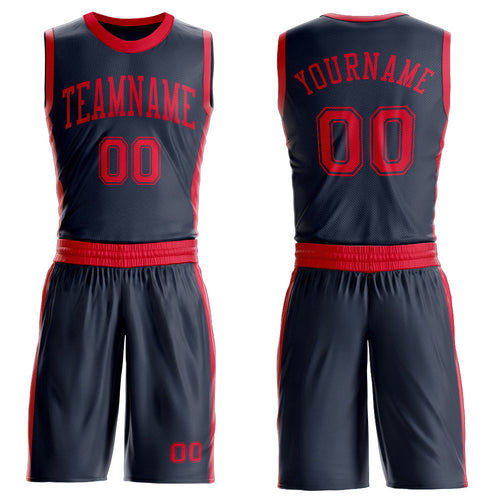 Custom Navy Red Round Neck Basketball Uniform Jersey