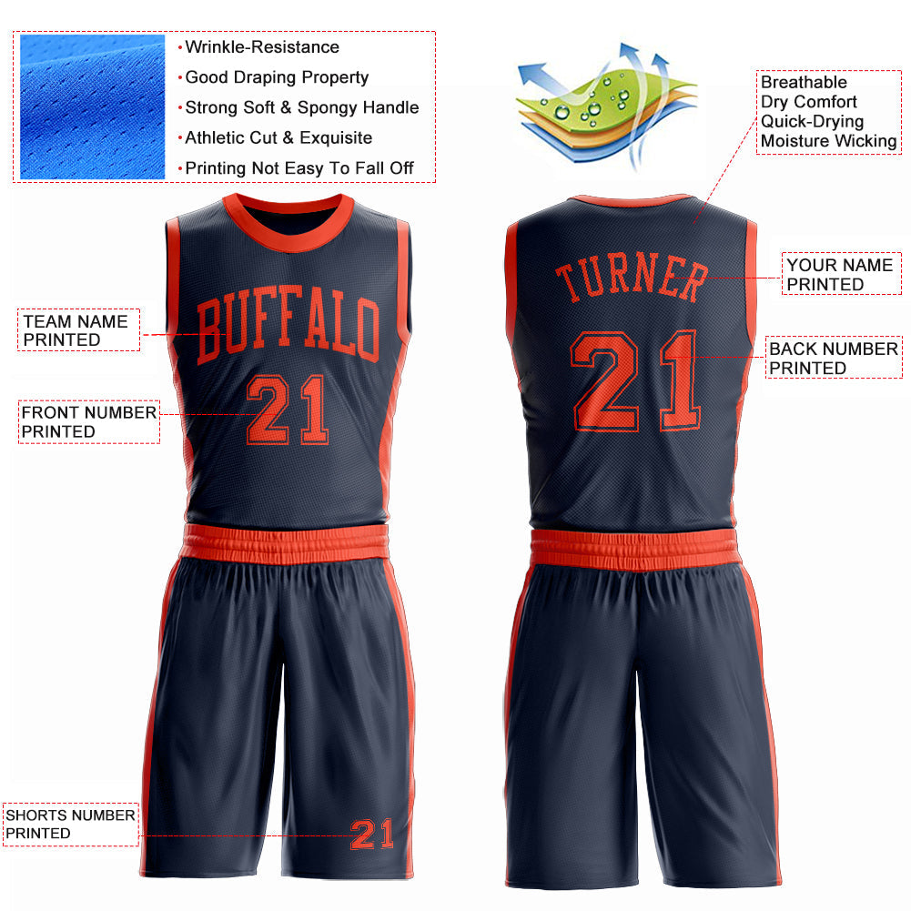 Custom Navy Orange Round Neck Basketball Uniform Jersey