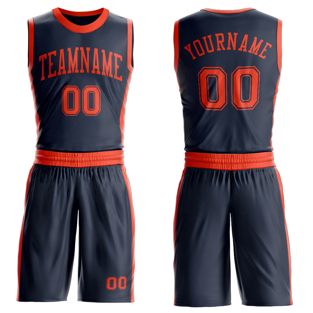 Custom Navy Orange Round Neck Basketball Uniform Jersey