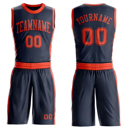 Custom Navy Orange Round Neck Basketball Uniform Jersey