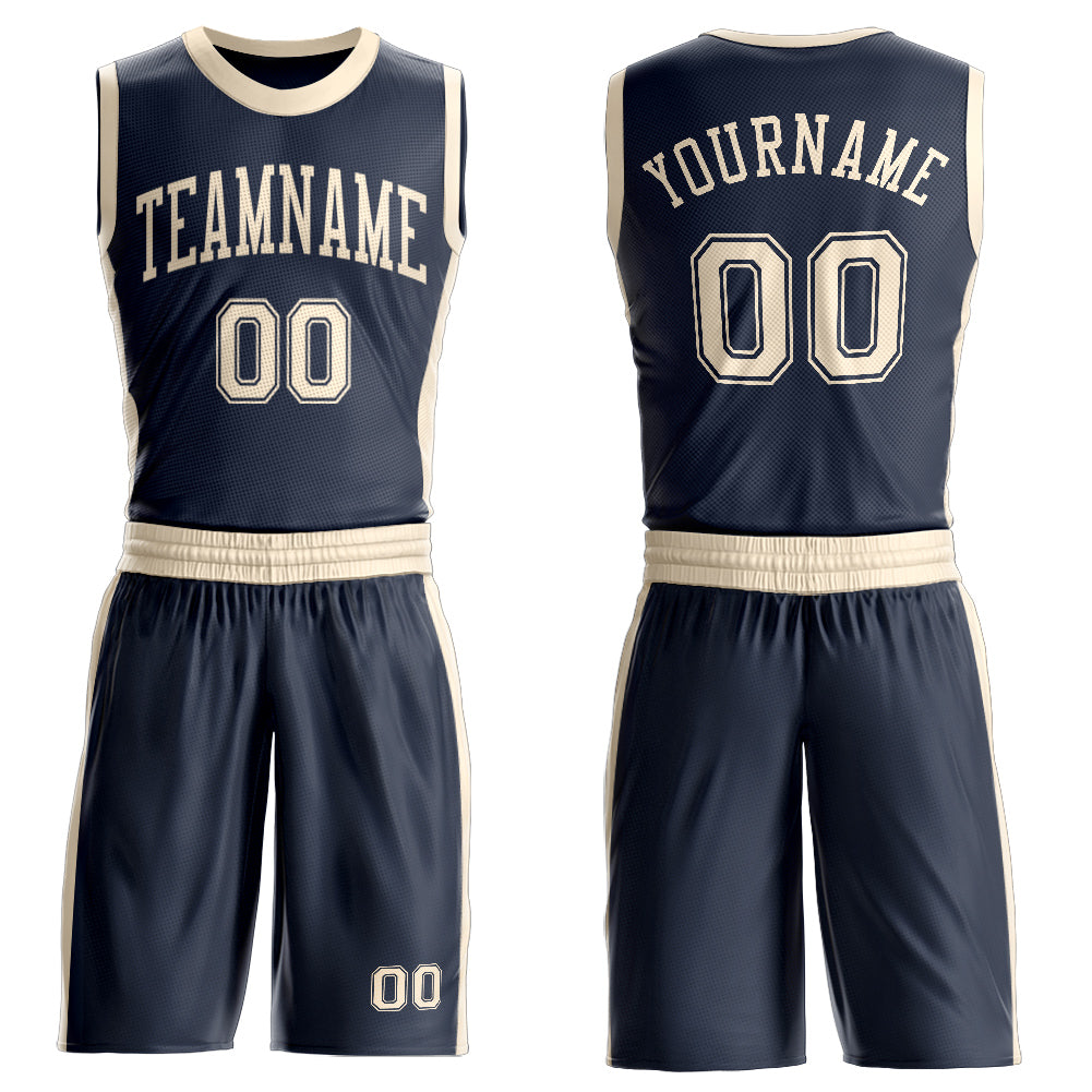 Custom Navy Cream Round Neck Basketball Uniform Jersey