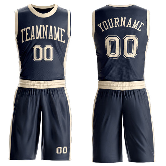 Custom Navy Cream Round Neck Basketball Uniform Jersey