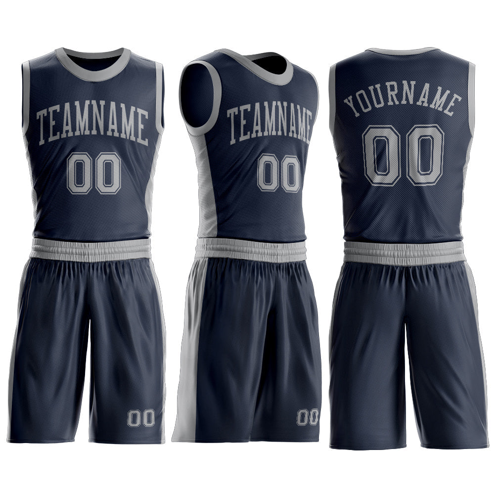 Custom Navy Gray Round Neck Basketball Uniform Jersey