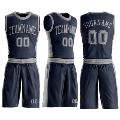 Custom Navy Gray Round Neck Basketball Uniform Jersey