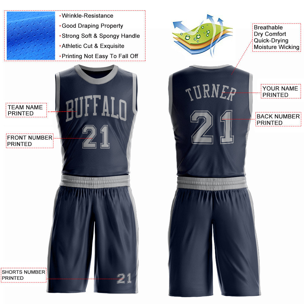 Custom Navy Gray Round Neck Basketball Uniform Jersey
