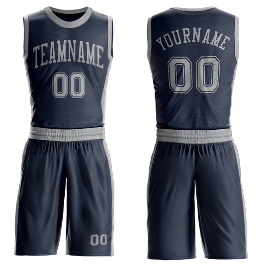 Custom Navy Gray Round Neck Basketball Uniform Jersey