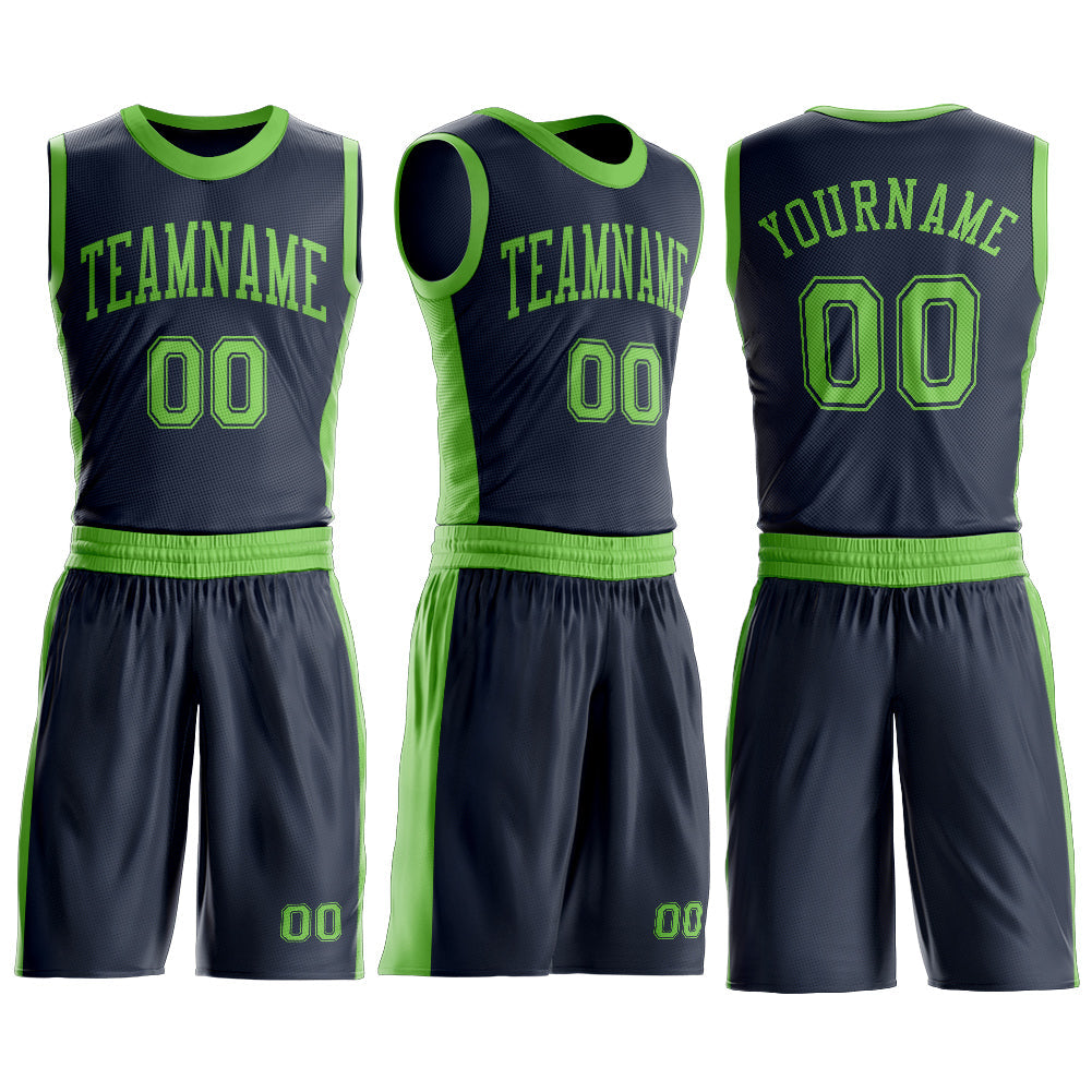 Custom Navy Neon Green Round Neck Basketball Uniform Jersey