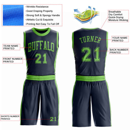 Custom Navy Neon Green Round Neck Basketball Uniform Jersey