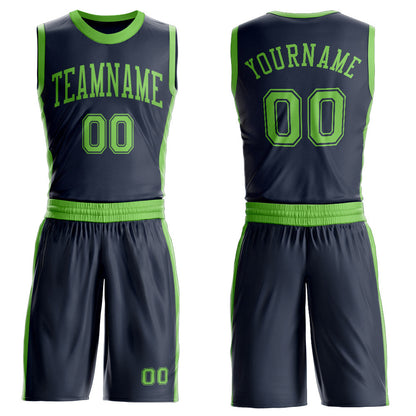 Custom Navy Neon Green Round Neck Basketball Uniform Jersey