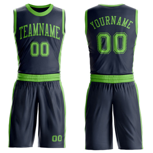 Custom Navy Neon Green Round Neck Basketball Uniform Jersey