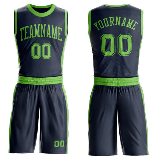 Custom Navy Neon Green Round Neck Basketball Uniform Jersey