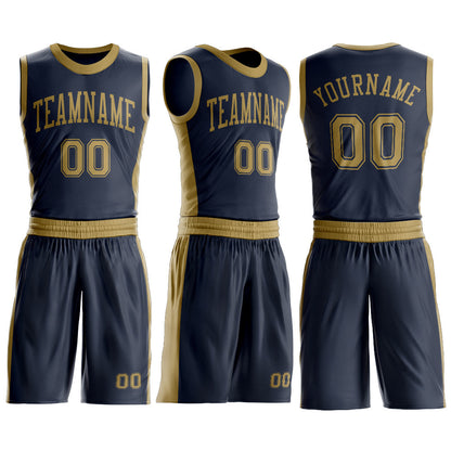 Custom Navy Old Gold Round Neck Basketball Uniform Jersey