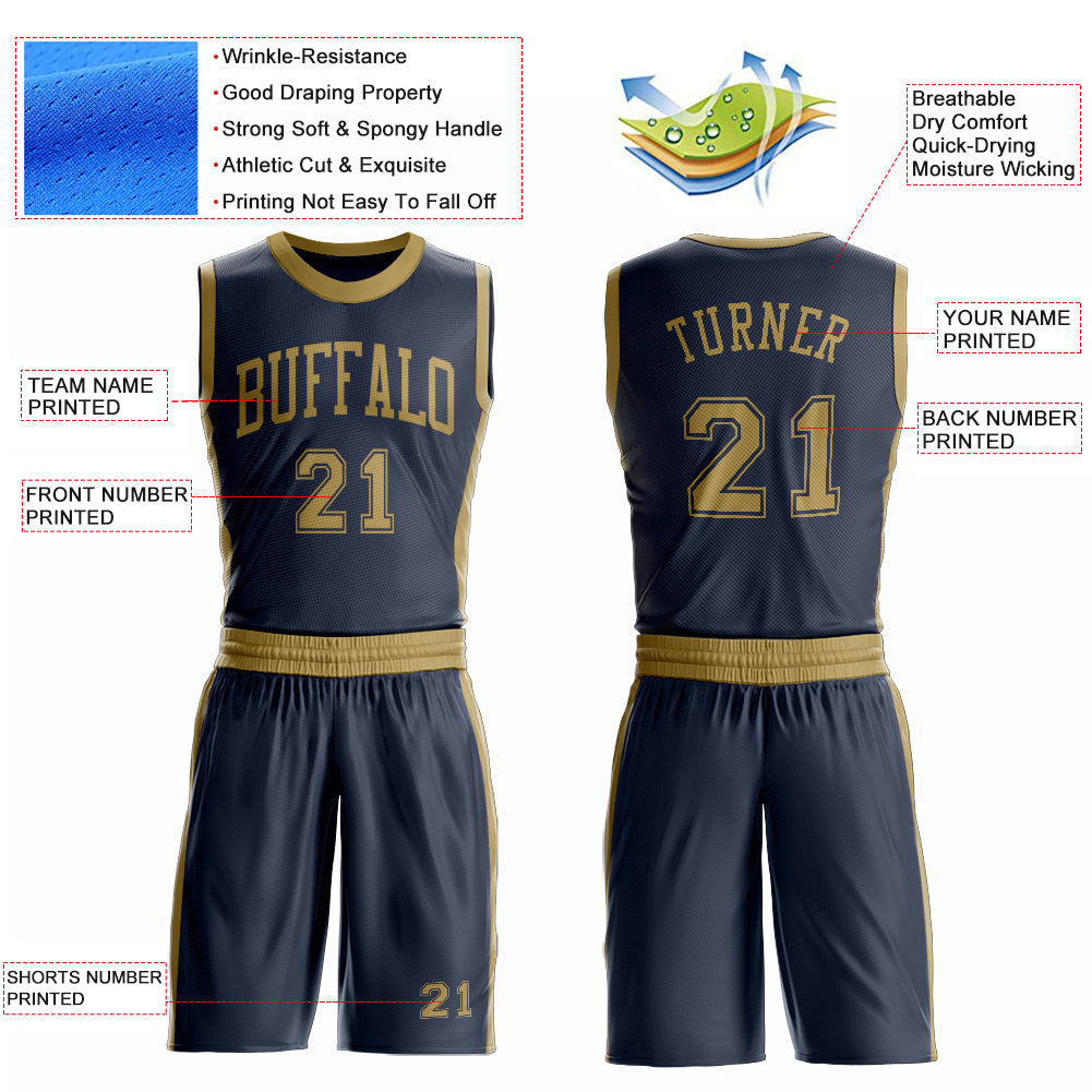 Custom Navy Old Gold Round Neck Basketball Uniform Jersey